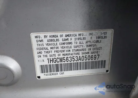 2003 Honda Accord 2.4 Lx z USA, uszkodzony, nr VIN 1HGCM56353A050697